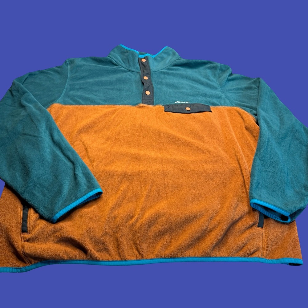 Eddie Bauer Fleece Pullover 2XL Teal Brown Snap Button Pocket Colorblock Outdoor